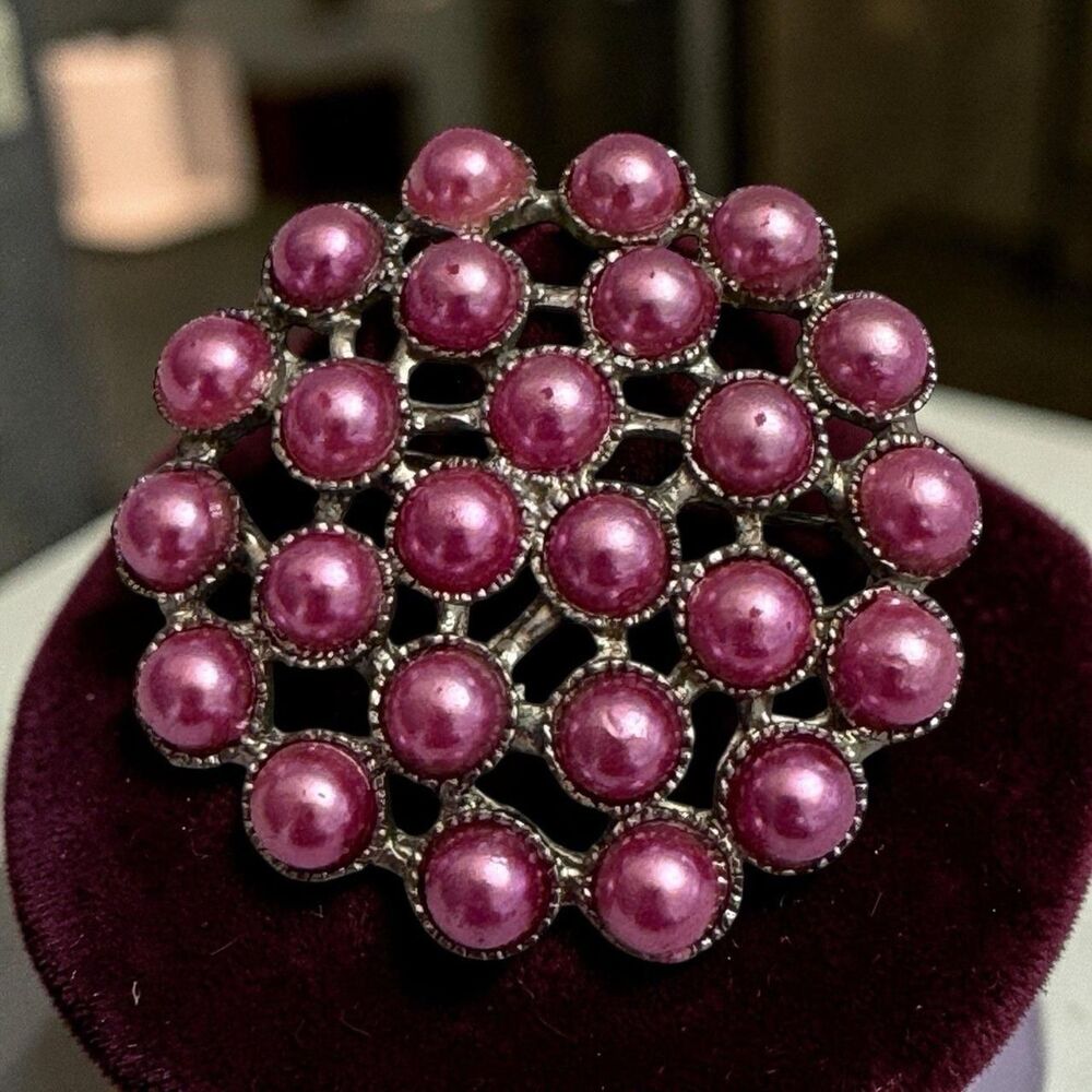 Vintage Pink Faux Pearl Cluster Brooch 1.5 Silver Tone Statement Pin